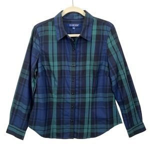 🆕 JG Hook Women's Sz 12 Button Front Plaid Shirt Long Sleeve Navy Green Blouse